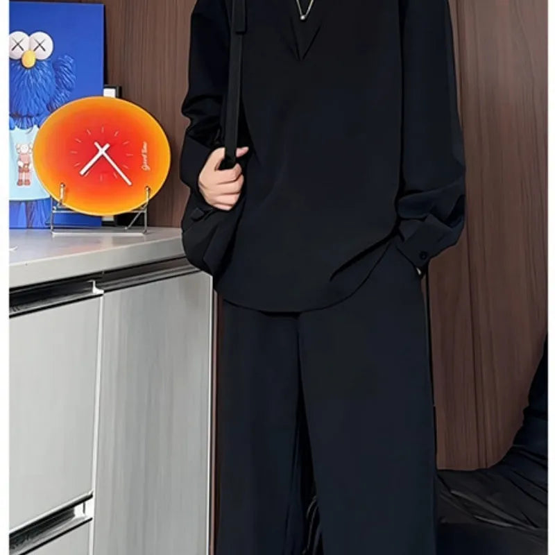 Men's black slim fit long sleeve polo shirt and trousers casual two-piece suit set