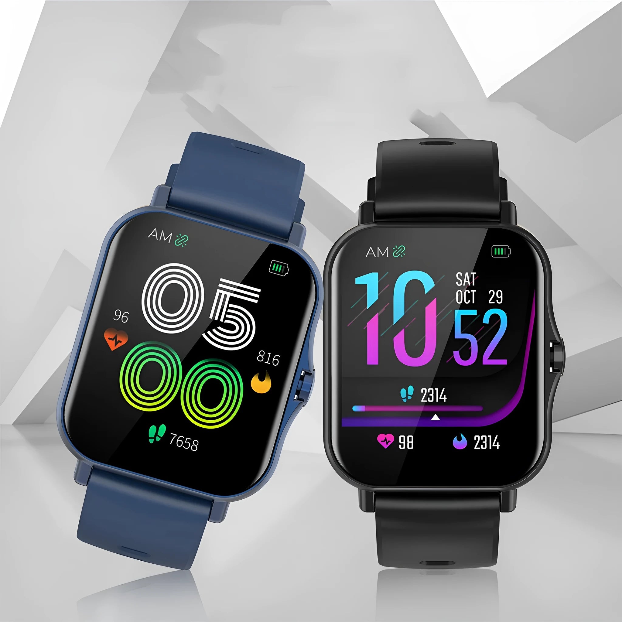 Smart watch with curved touch screen displaying heart rate, available in blue, black, gold, and silver colours