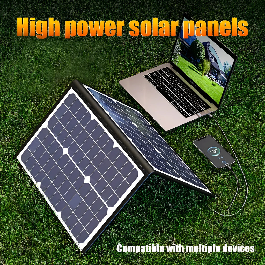Black foldable 40W solar panel bag showing folded dimensions and monocrystalline cells