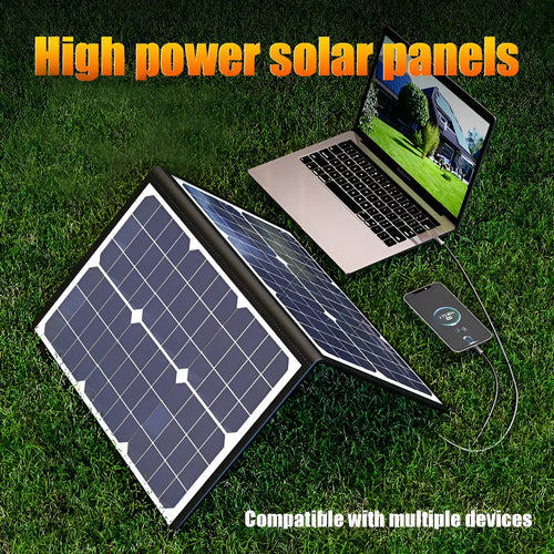 Black foldable 40W solar panel bag showing folded dimensions and monocrystalline cells