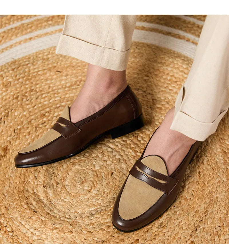 Coffee grey suede leather loafers with slip-on design and rubber sole