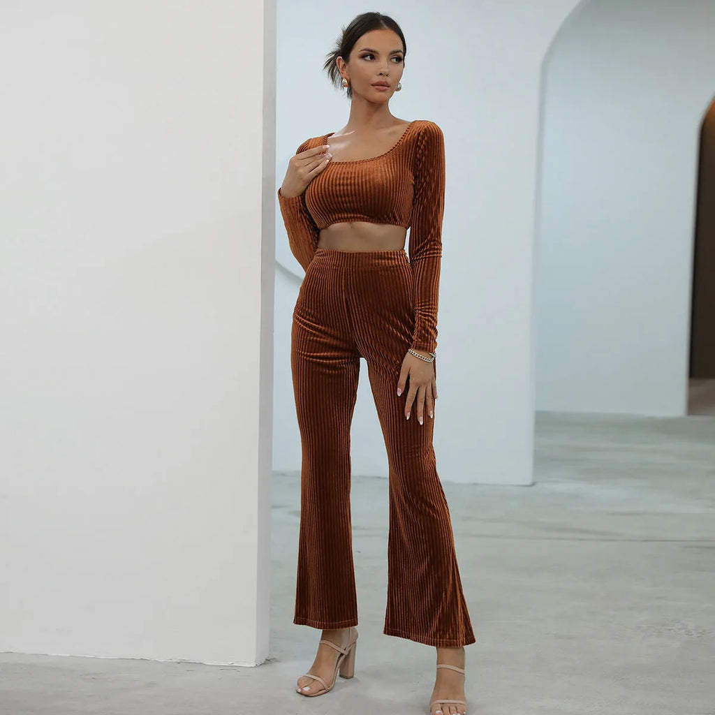Caramel coloured long sleeve sweater and matching trousers casual set on hanger