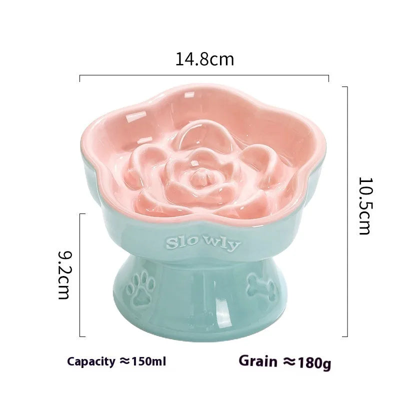 Black ceramic pet bowl with high foot neck protector design for anti-tumble feeding
