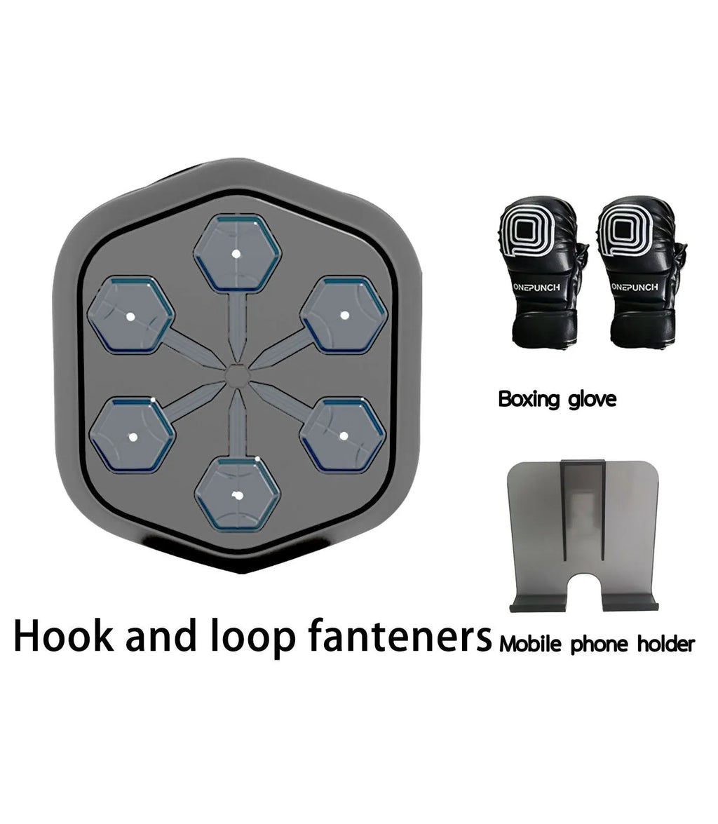 Black smart music boxing machine with Bluetooth connection and included gloves for home fitness training