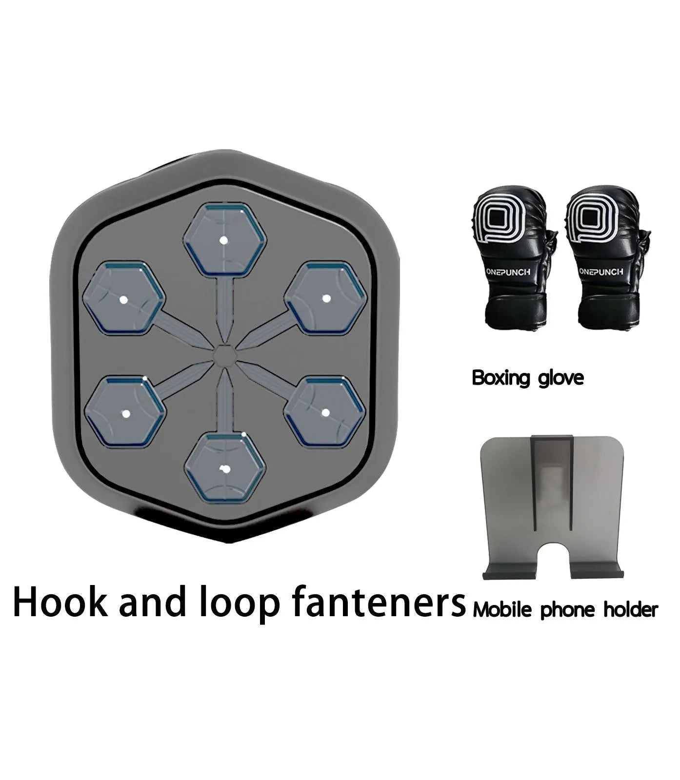 Black smart music boxing machine with Bluetooth connection and included gloves for home fitness training