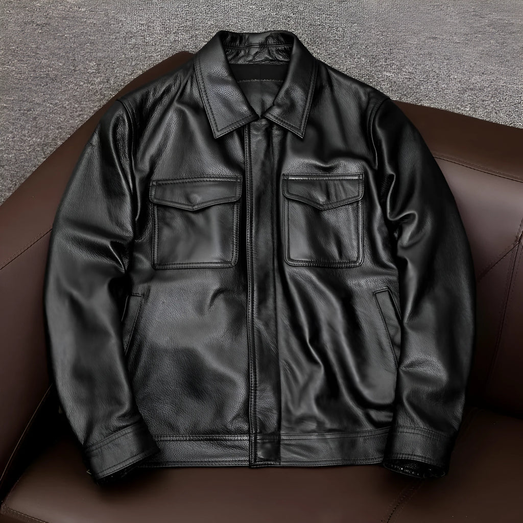 Men's black PU leather jacket plus size loose fit with side seam pockets