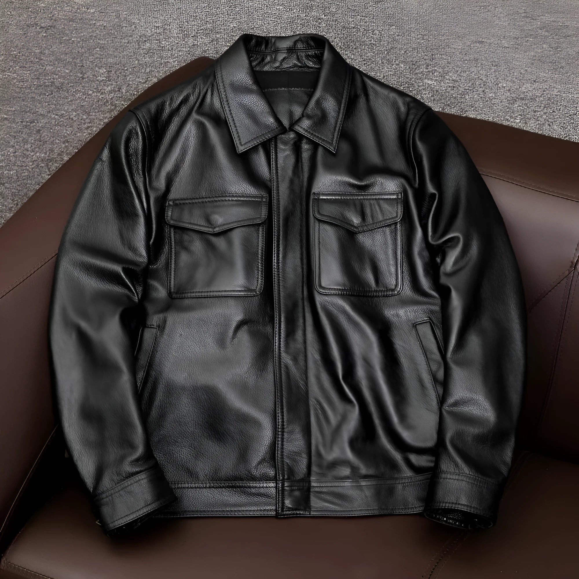 Men's black PU leather jacket plus size loose fit with side seam pockets