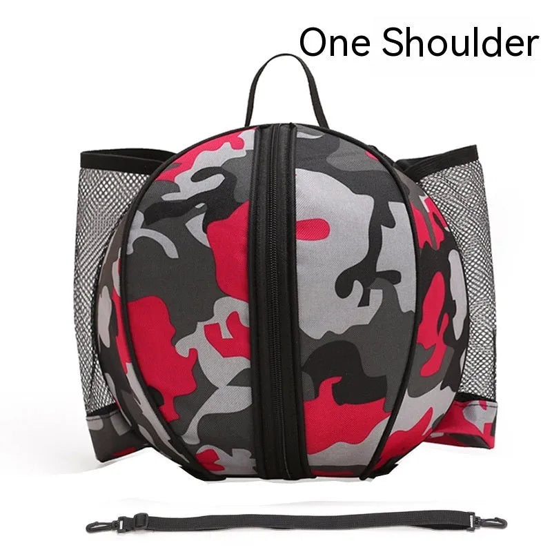 Black Oxford cloth basketball bag with one shoulder strap, shown next to a basketball.