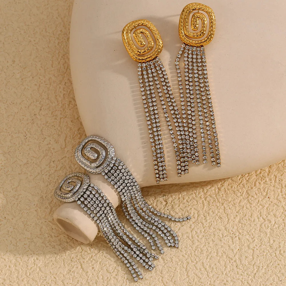 Full rhinestone tassel stud earrings in gold colour made from stainless steel with electroplated finish