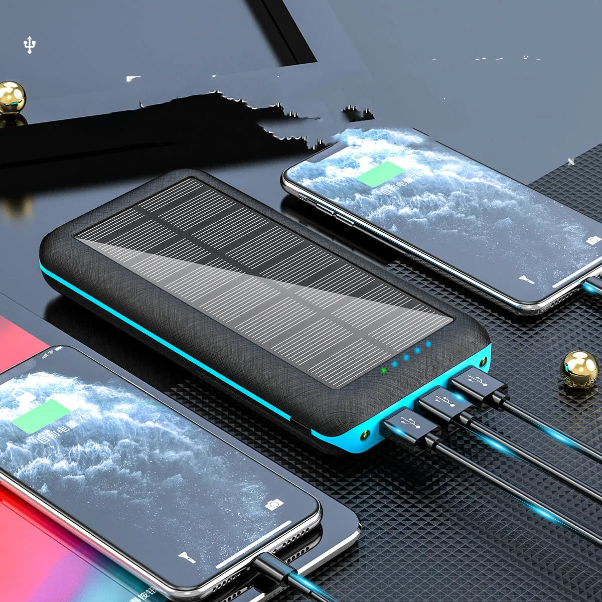 Black portable power bank with Qi wireless charging pad, three USB ports, and an LED flashlight on the front.