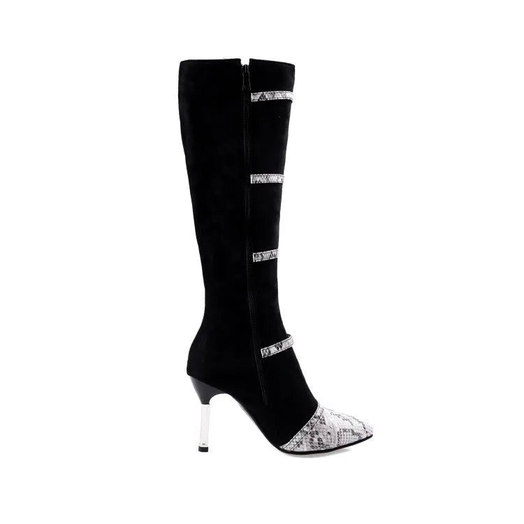 Grey and black women's knee-high boots with a thin high heel on a plain background.