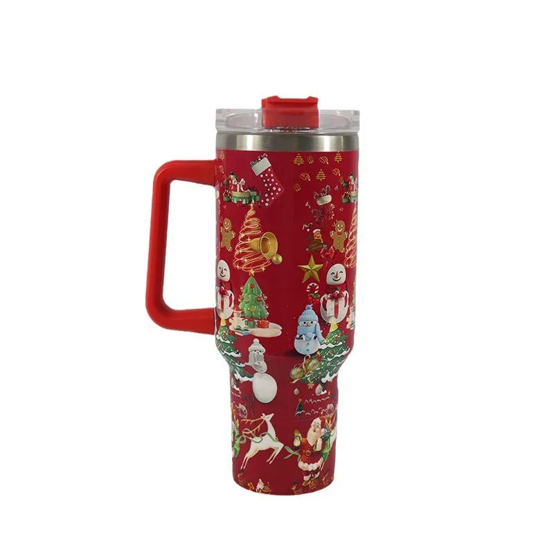 Christmas pattern stainless steel vacuum tumbler 1200 ml with lid, straw and handle on white background