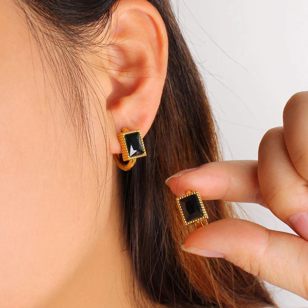 Geometric stainless steel earrings with square zircon detailing in white, black or green colours