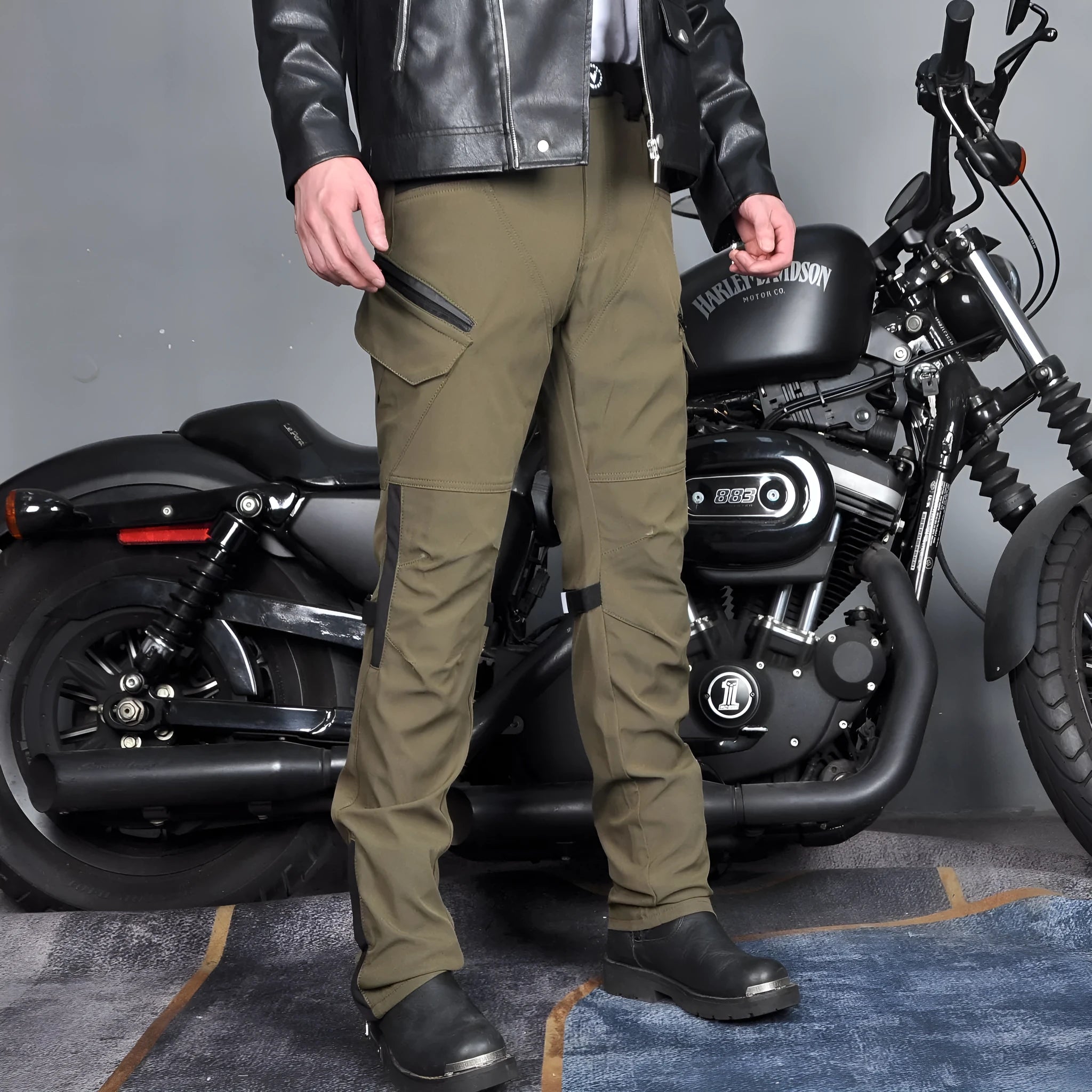 Motorcycle waterproof cycling trousers with protective gear and belt in black or green colour options