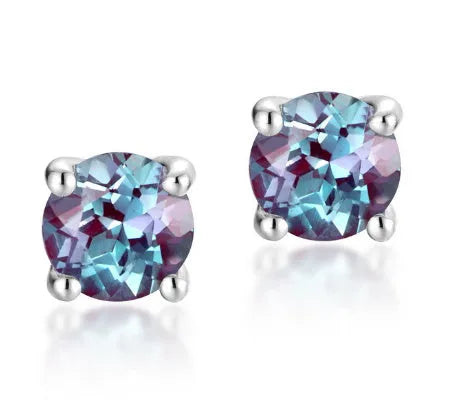 925 sterling silver ear studs with round cultivated Alexandrite stone in geometric setting.