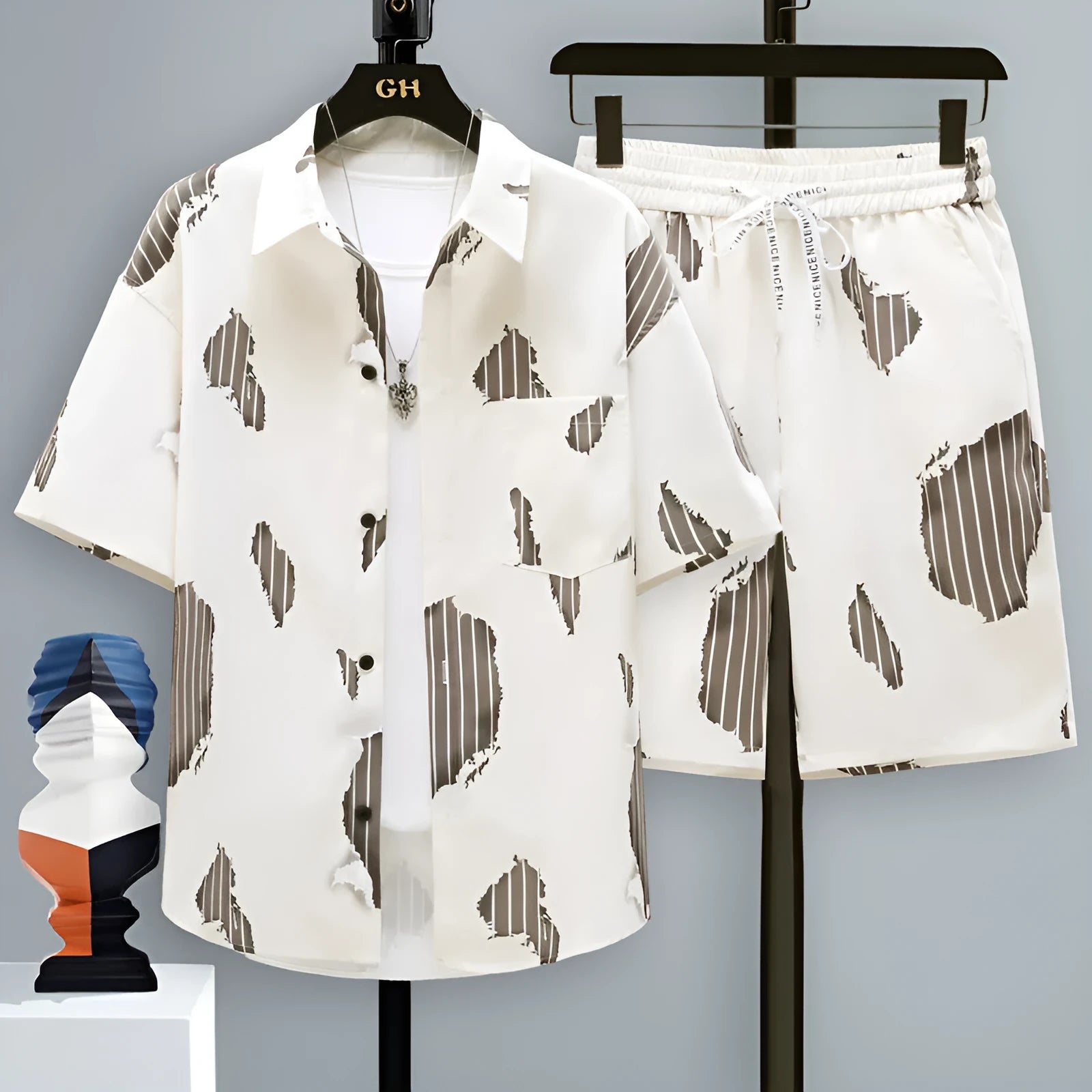 Men's casual polyester shorts two-piece set with short-sleeve top, shown in multiple colours.