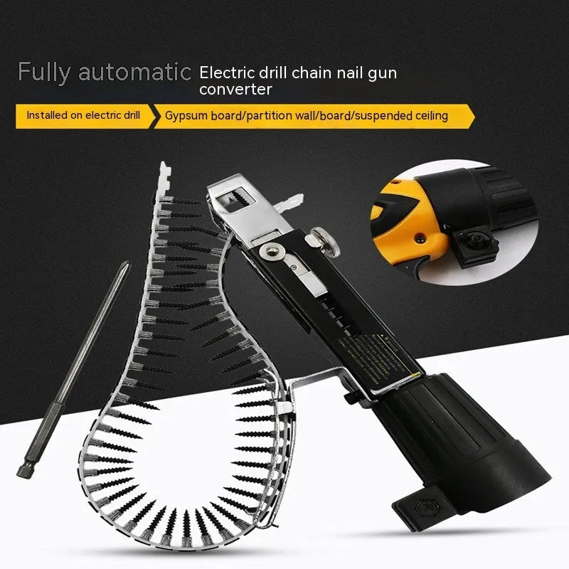 Chain screw gun head attachment for electric screwdrivers with stainless steel construction and plastic handle