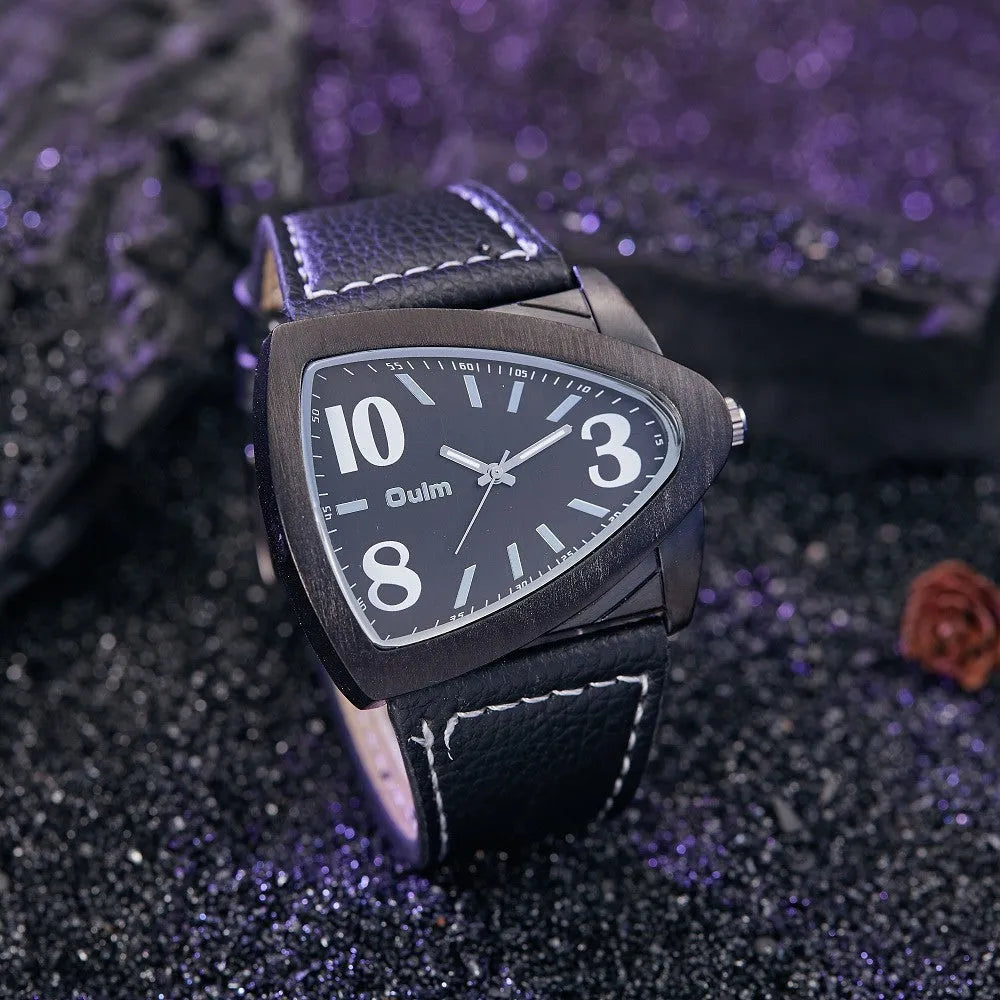 Men's casual triangle belt quartz watch with leather strap and stainless steel 9mm case