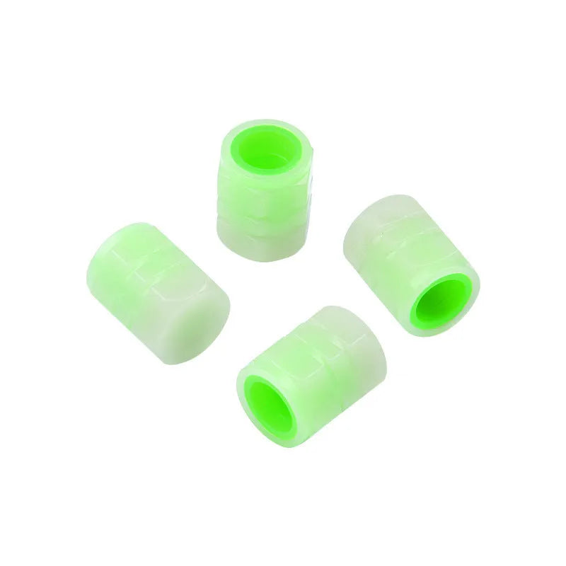 Car luminous rubber valve caps showing glow-in-the-dark feature and 16mm x 12mm size