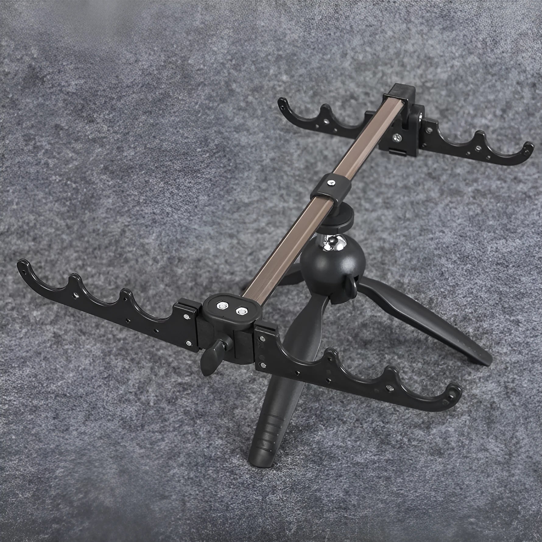 Aluminium ice fishing rod holder bracket with tripod legs on ice