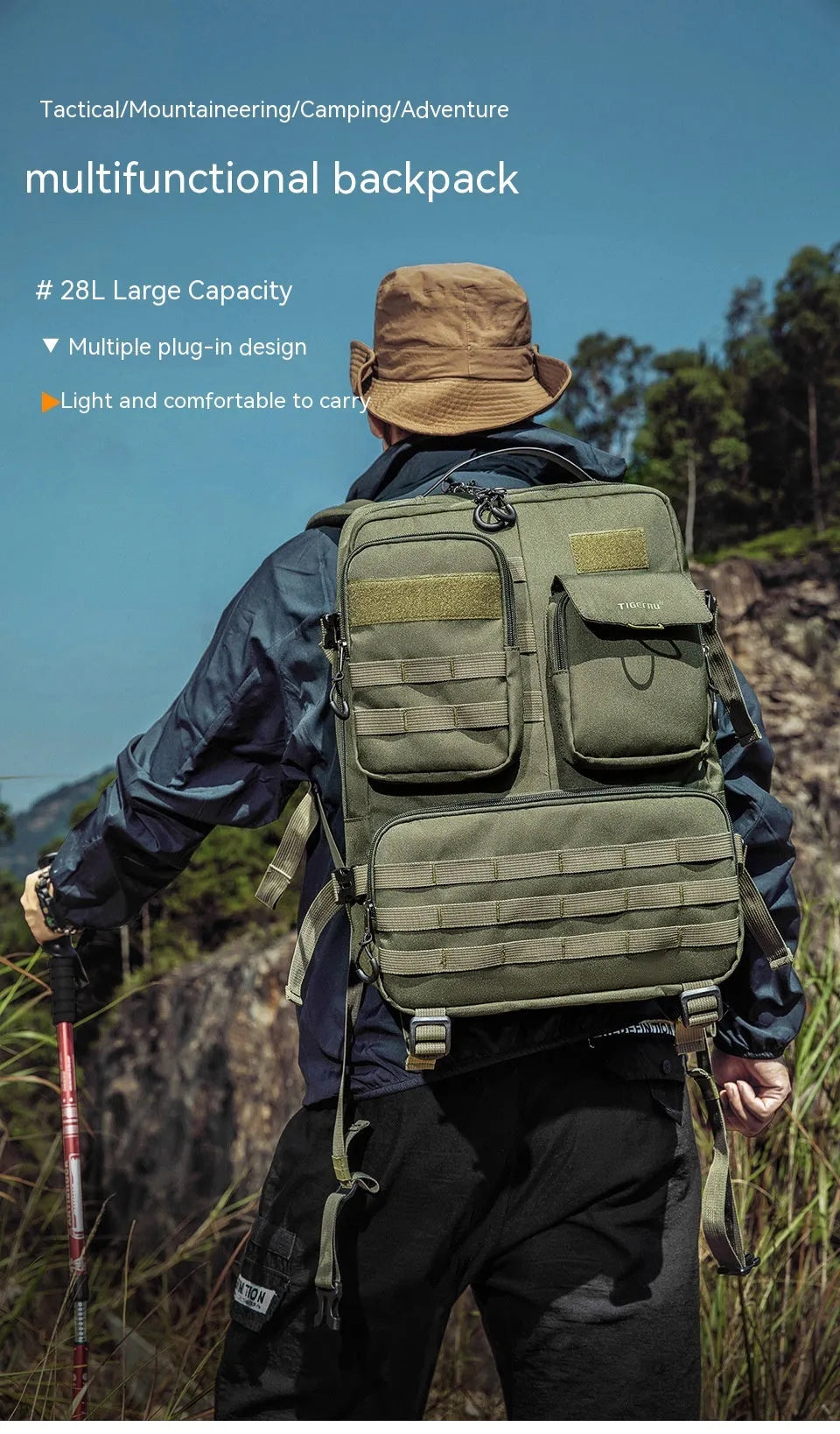 Army Green tactical backpack with waterproof nylon construction showing 17-inch height and organisational compartments