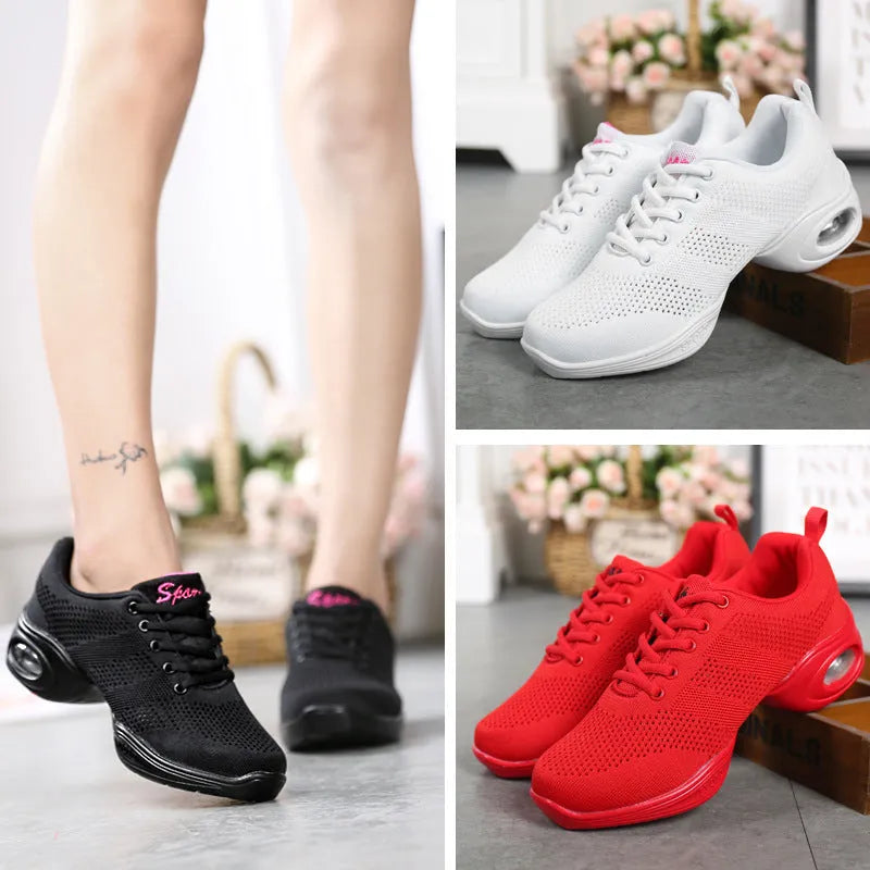 Women's breathable fly woven mesh dance shoes in a light colour with a flexible PU sole.