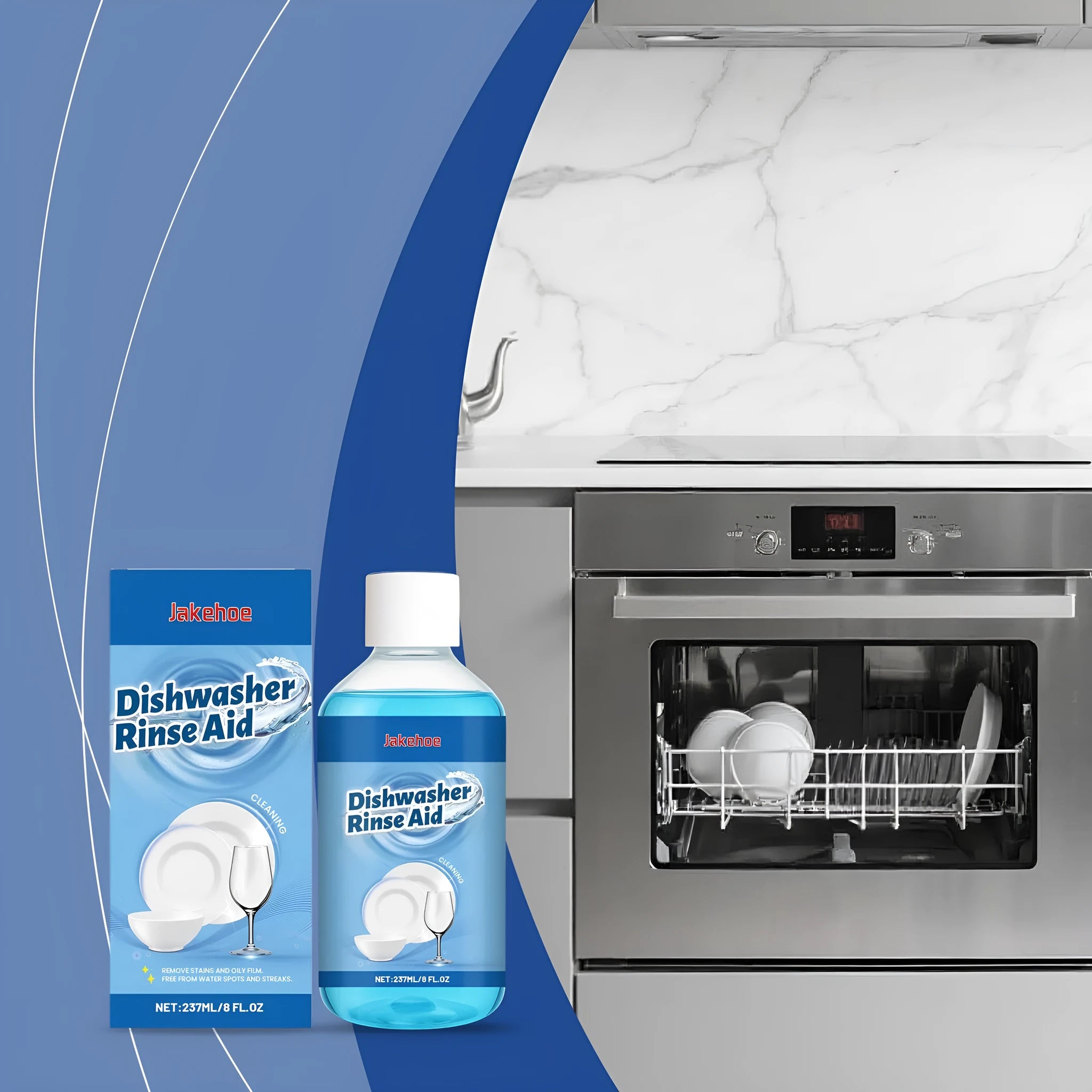 237mL bottle of dishwasher detergent cleaning aid for plates and kitchenware.
