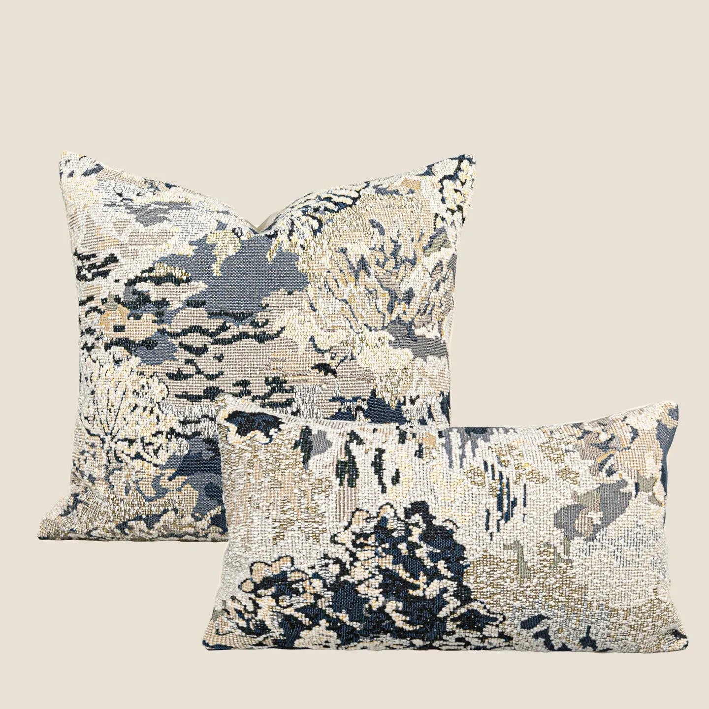 Chinese style antique blue wool blend floral pillow with abstract artistic pattern on feather velvet cushion