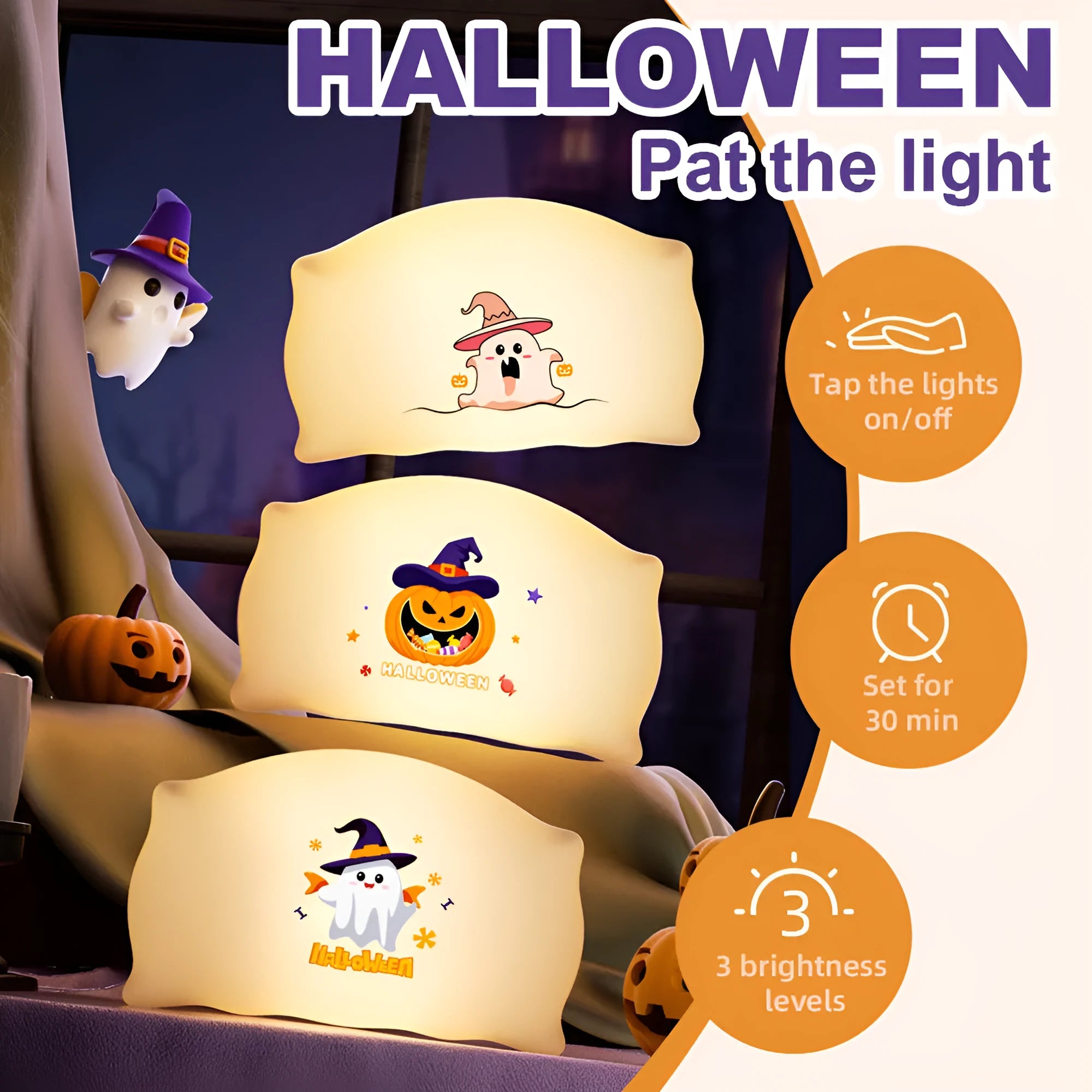 Cartoon Halloween doll table lamp in Magic Ghost or Pumpkin Ghost colour, showing USB Type-C port.