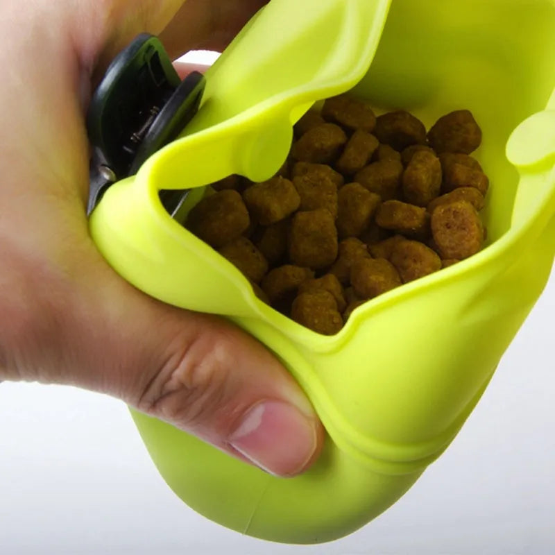 A silicone dog training treat bag with a belt clip, shown in one of six colour options.