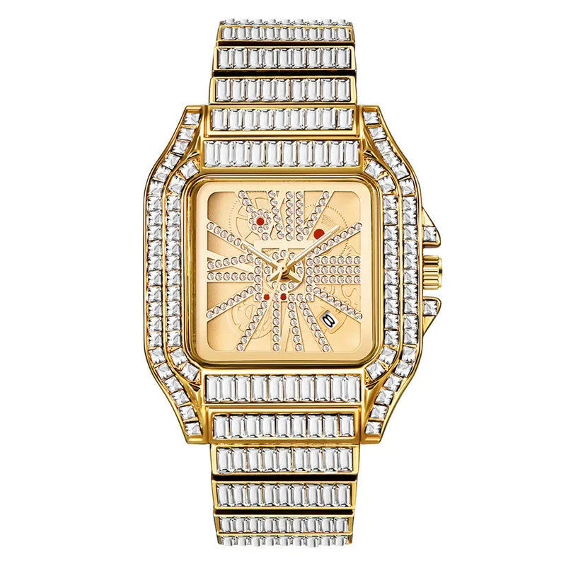 Hip hop full diamond large dial square men's quartz watch with gold alloy band