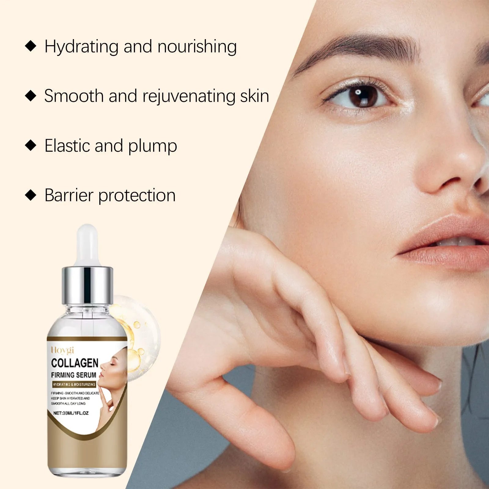 Collagen firming care solution 30ml container showing 2.8cm × 2.8cm × 10.3cm dimensions with hyaluronic acid and glycerol formula