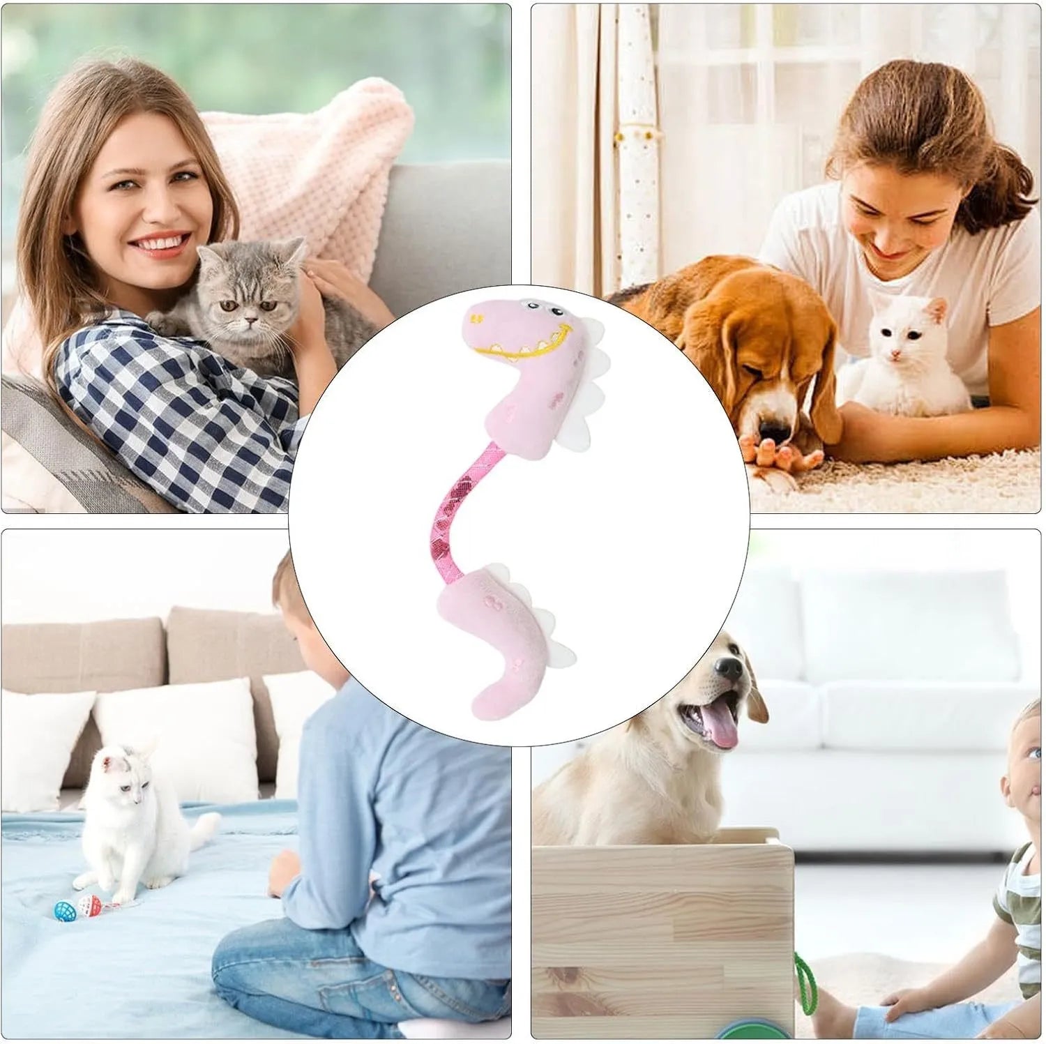 Set of four cat toys including plush fish, bunny, mouse shapes with rope toys and springs