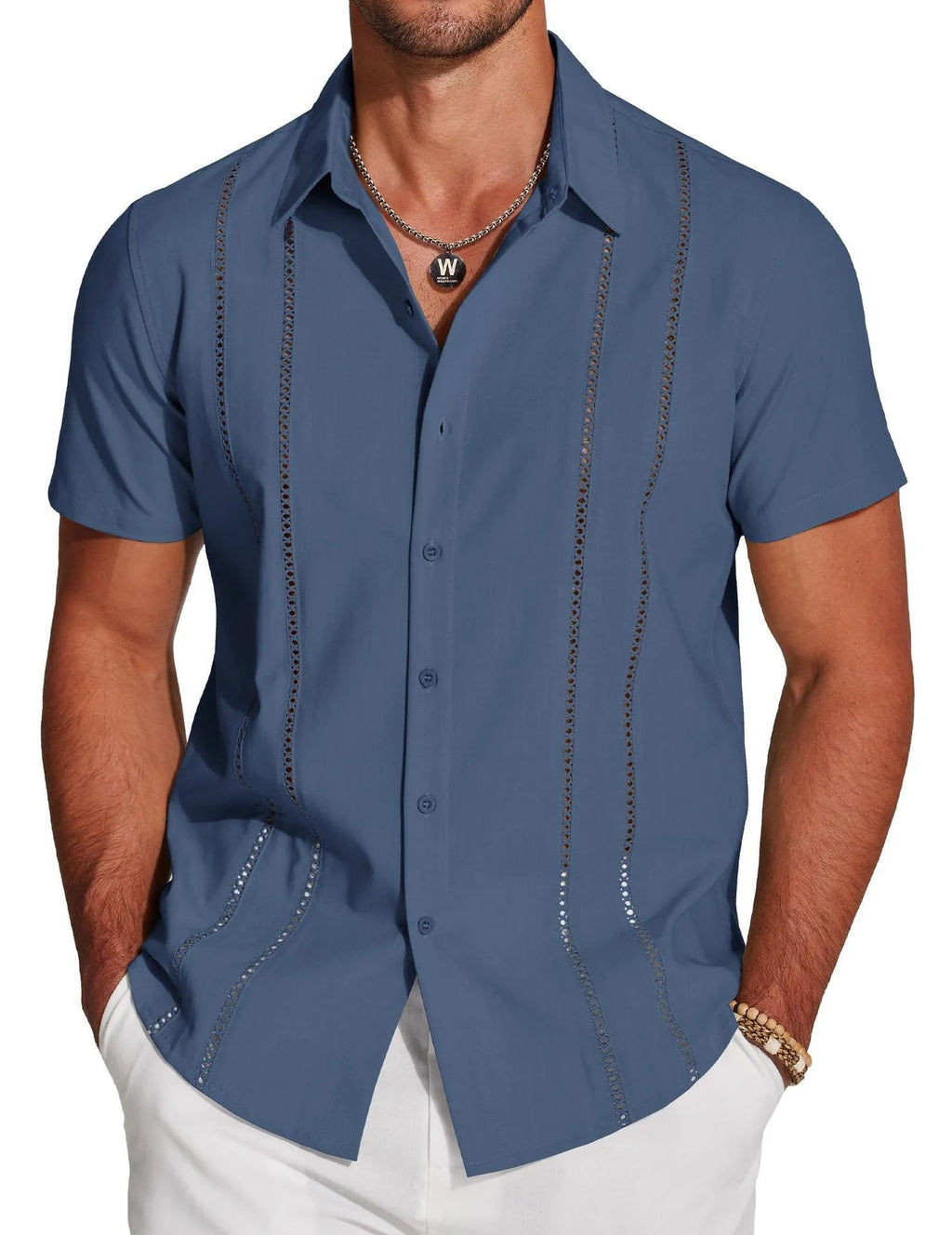 Men's slim fit Hawaiian short sleeve shirt in digital printed polyester available in multiple colours