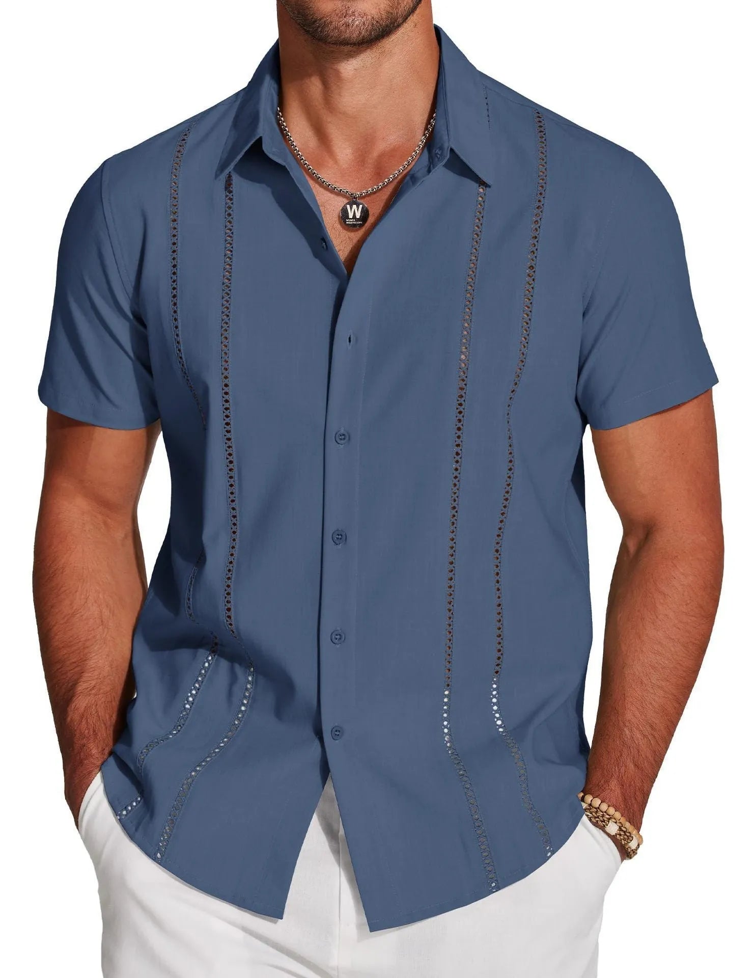 Men's slim fit Hawaiian short sleeve shirt in digital printed polyester available in multiple colours