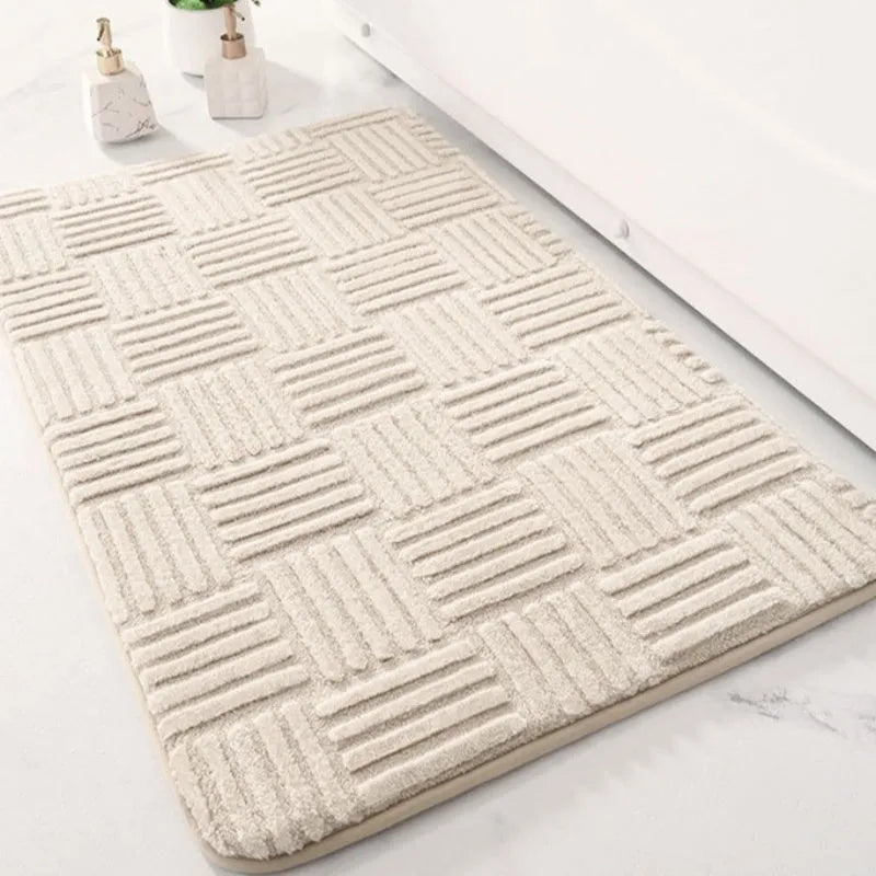 Solid colour woven polyester fibre bathroom non-slip floor mat in beige, square shape, 40x60cm