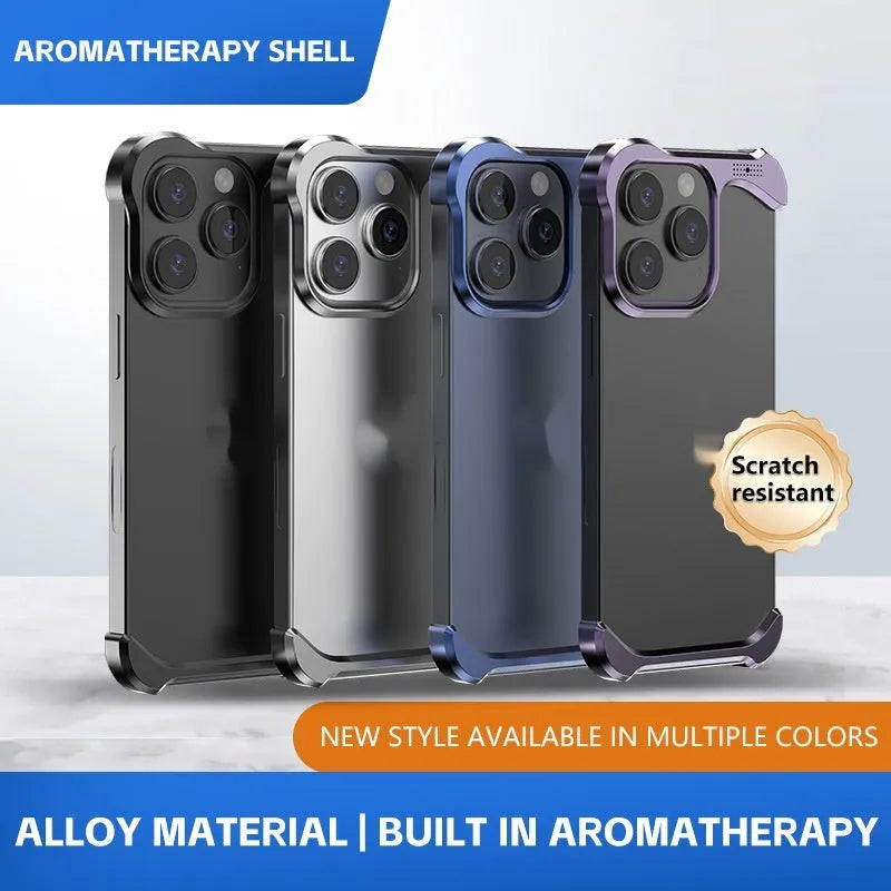 Special-shaped aromatherapy aluminium alloy hollow phone case in black for iPhone 14 Pro Max