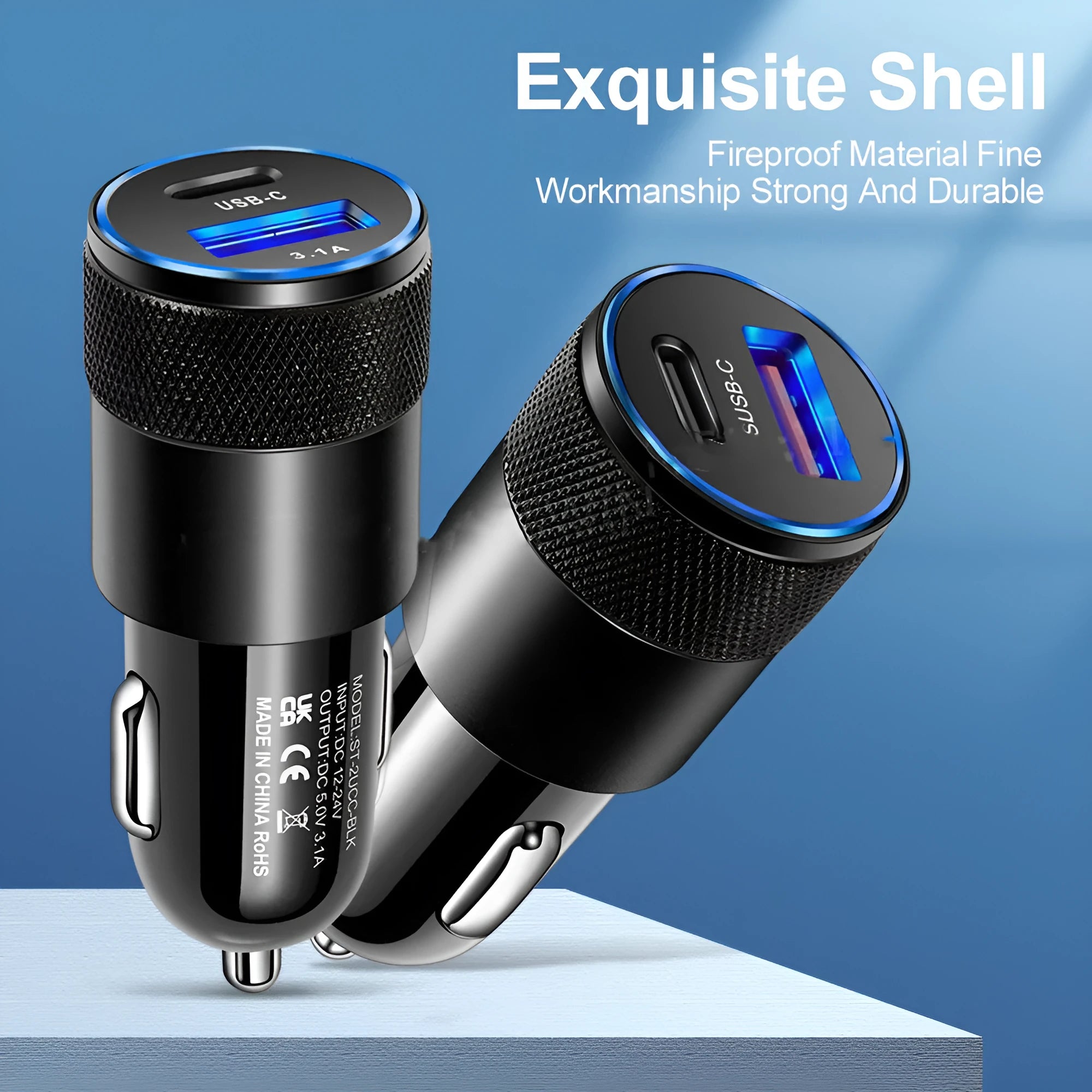 Aluminium alloy car charger with 12V input voltage measuring 2.5 by 6cm