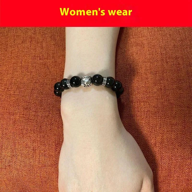Obsidian and 999 silver bracelet with natural cloud pattern beads, shown in 10mm and 12mm sizes.