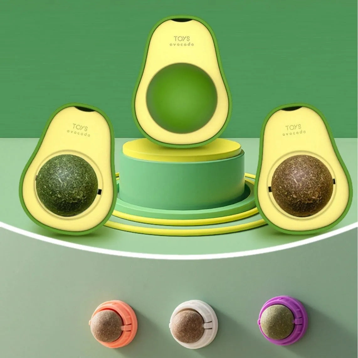 Plastic catnip ball toy in various colours for molar teeth cleaning and feline enrichment.