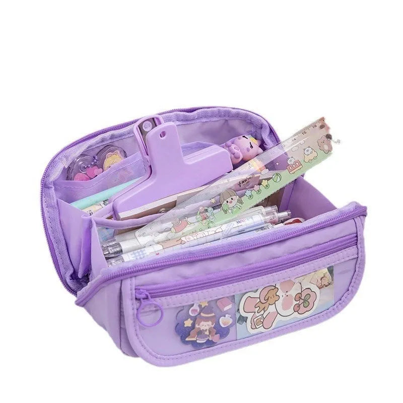 Korean style canvas pencil case with 10-layer flip design open showing multiple compartments