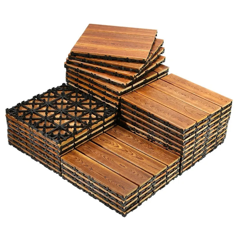 Camphor pine wood flooring panels in 30x30cm squares with brushed wax oil and durable brushed finishes