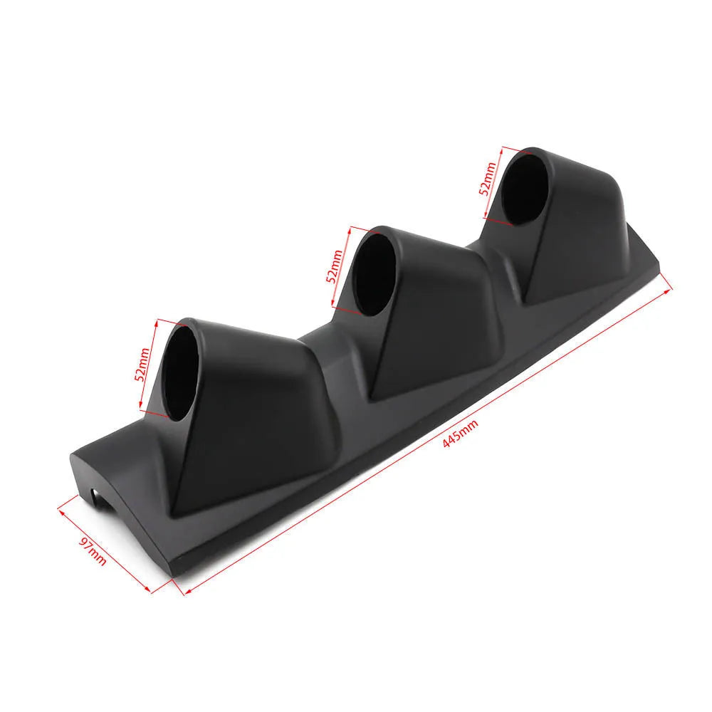 Black plastic three-hole instrument mount for 52mm car gauges, right-hand drive design.