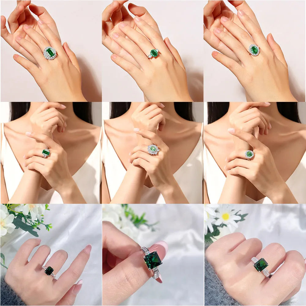 S925 sterling silver ring with an elliptical emerald and inlaid high-carbon diamonds on a geometric band.
