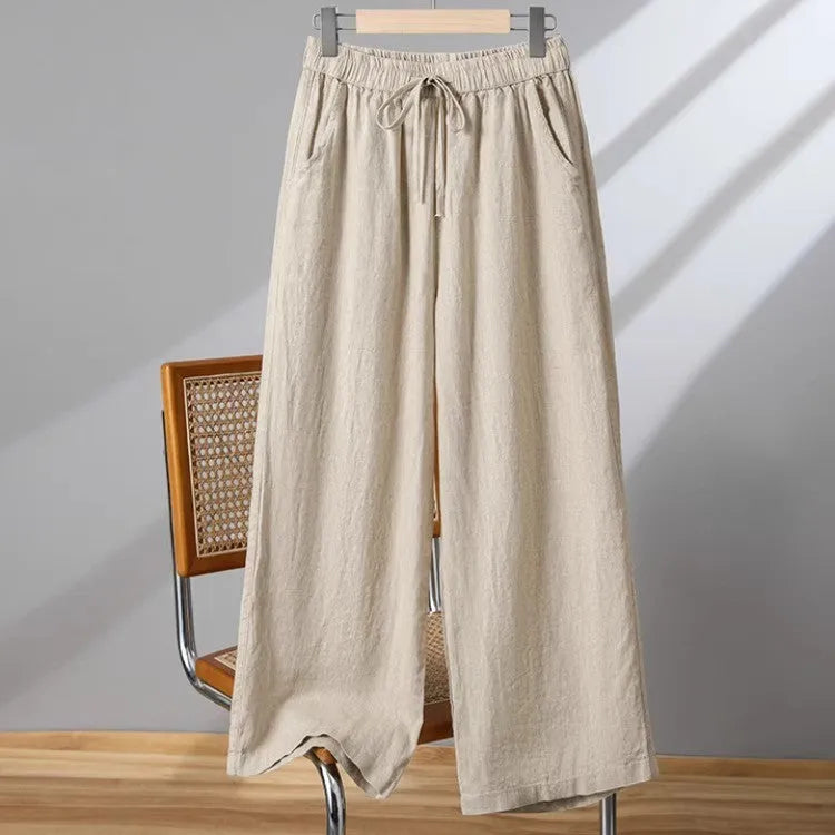 Women's straight-leg casual trousers with elastic waist and lace-up drawstring in apricot colour