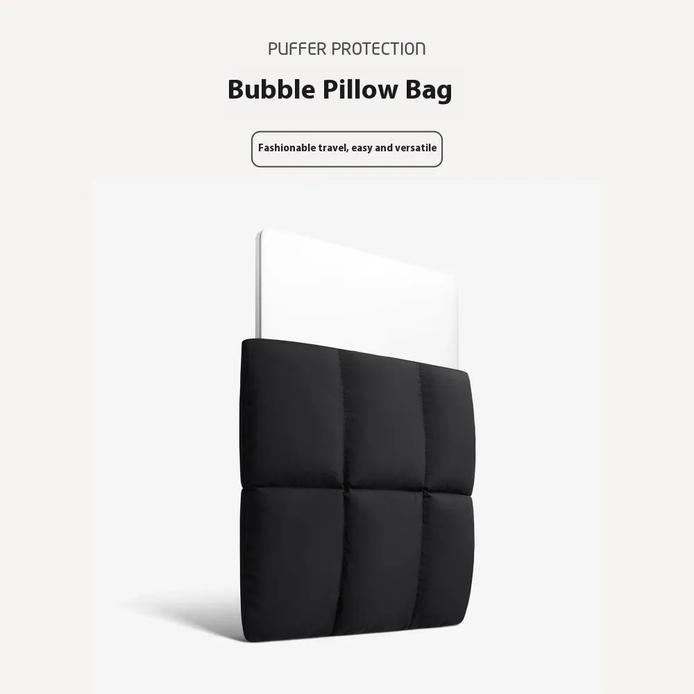 Soft fluffy polyester laptop sleeve in black or khaki with sewing thread detailing and four size options