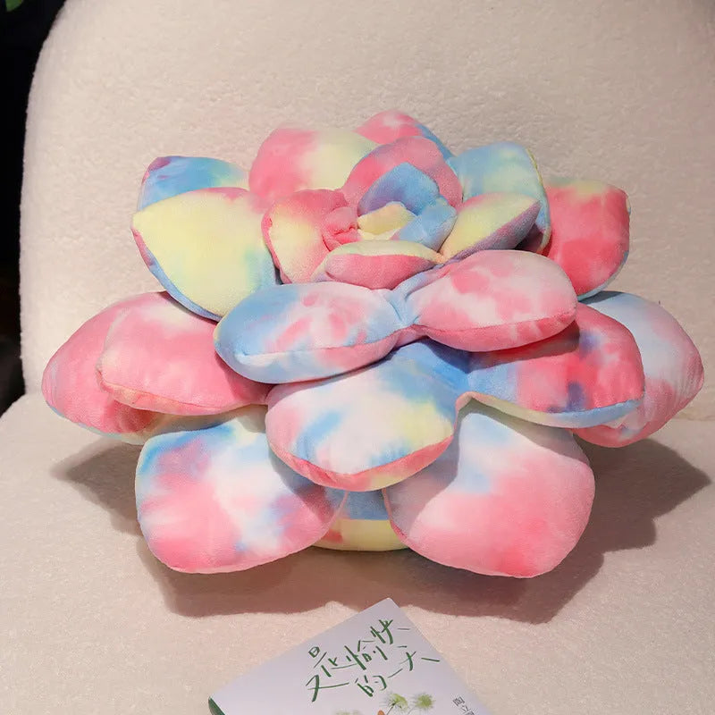 Cartoon tie-dyed succulent plush pillow toy in green on a white background