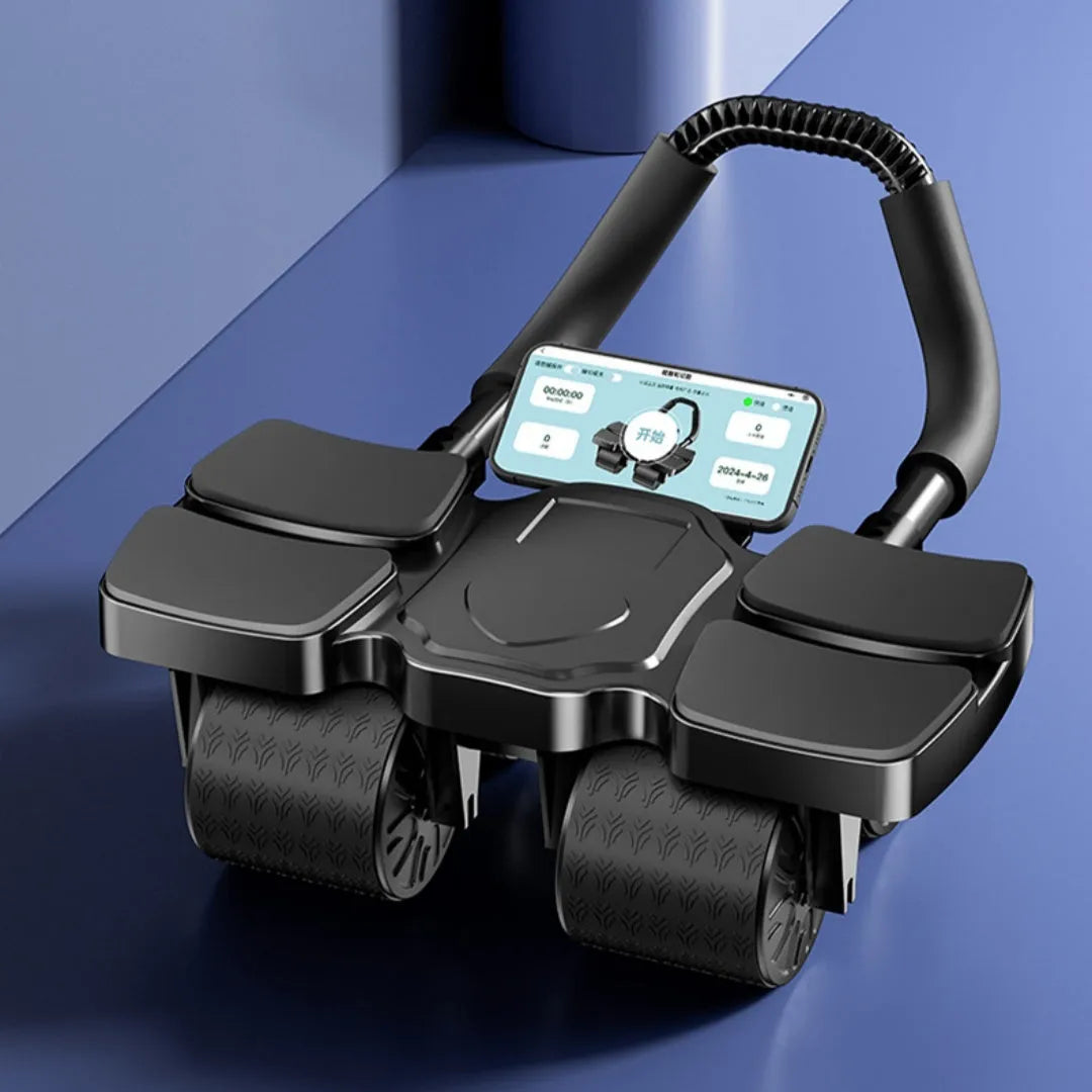 Abdominal exercise wheel with automatic rebound feature and four wheels, shown in blue on a floor.