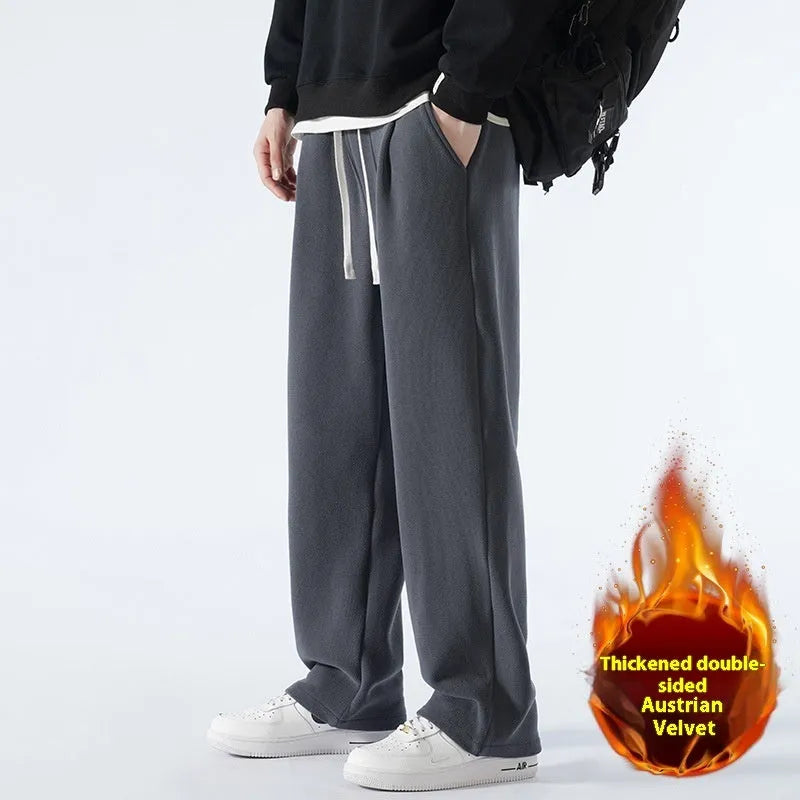 Men's double-sided polar fleece sports casual pants with fleece-lined thickening in apricot colour