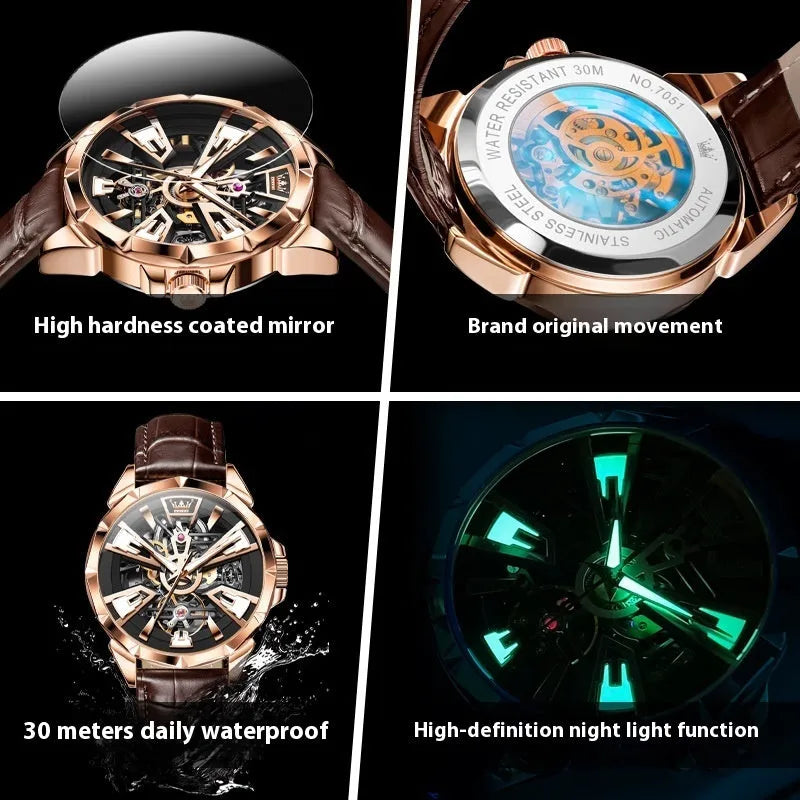Men's automatic mechanical watch with hollow skeleton dial showing movement through 44mm barrel-shaped case